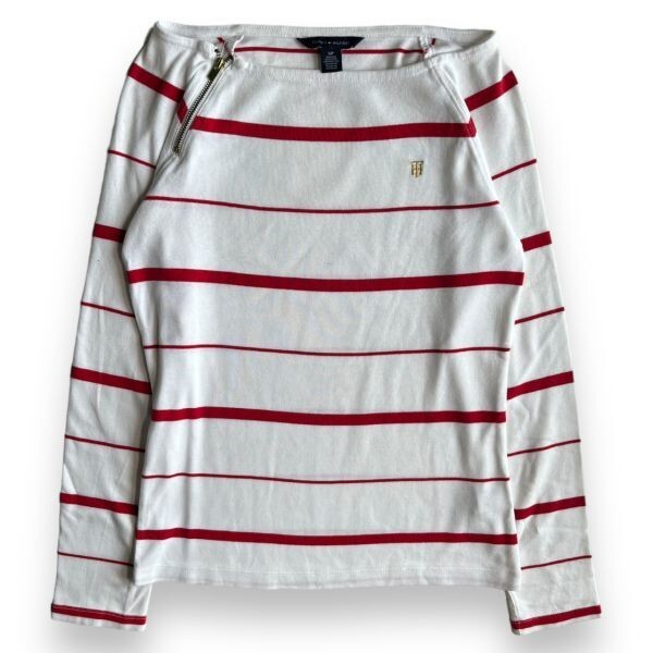 国内正規 TOMMY HILFIGER トミーヒルフィガー 長袖 ボーダー コットン Tシャツ Uネック 刺繍 ロゴ ZIP ロンT カットソー S ホワイト 赤 白拍卖