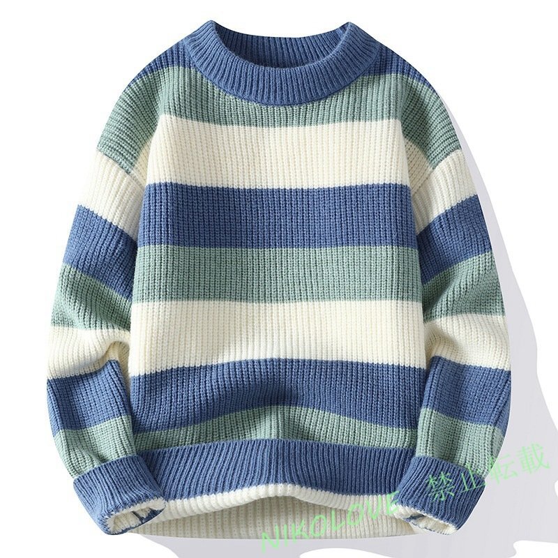 メンズ カシミヤウール混 プルオーバー トップス ラウンドネック ボーダー柄 ニットセーター シンプル 秋冬 配色 ブルーM~3XL AB068拍卖