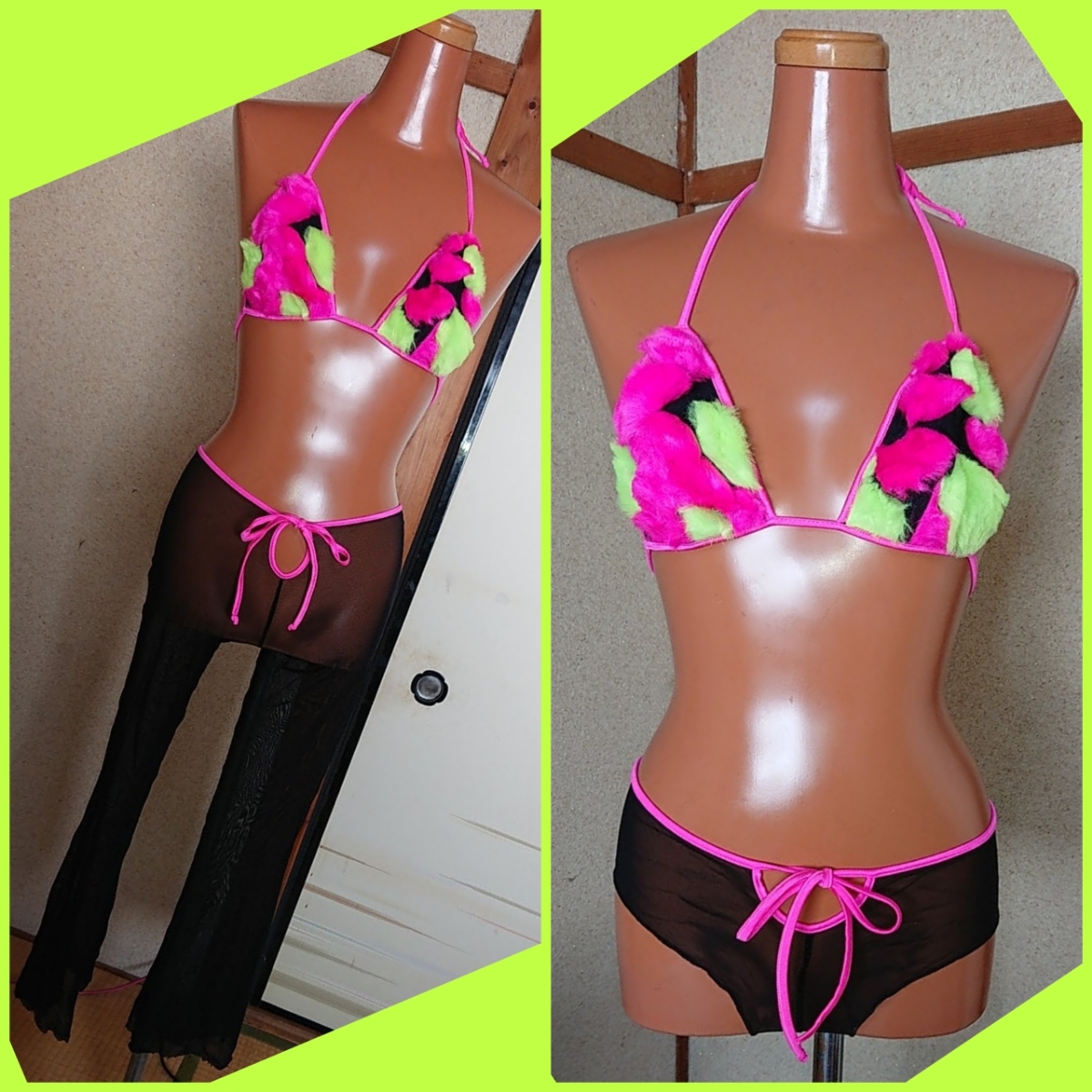 SLD ネオンイエロー&ネオンピンク ファー×パワーネットの3ピースセット ブラトップ ショートパンツ ロングパンツ O/S拍卖