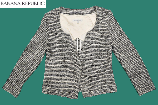 A-2234★送料無料★美品★BANANA REPUBLIC バナナリパブリック★秋冬 ブラック×ホワイト ボーダー柄 1つボタン ツイードジャケット 0拍卖