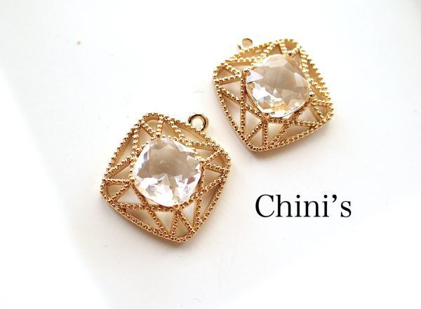 即決!! 1個 ガラスカットストーン付き チャーム ライトゴールド☆ペンダント☆ ハンドメイドアクセサリー拍卖