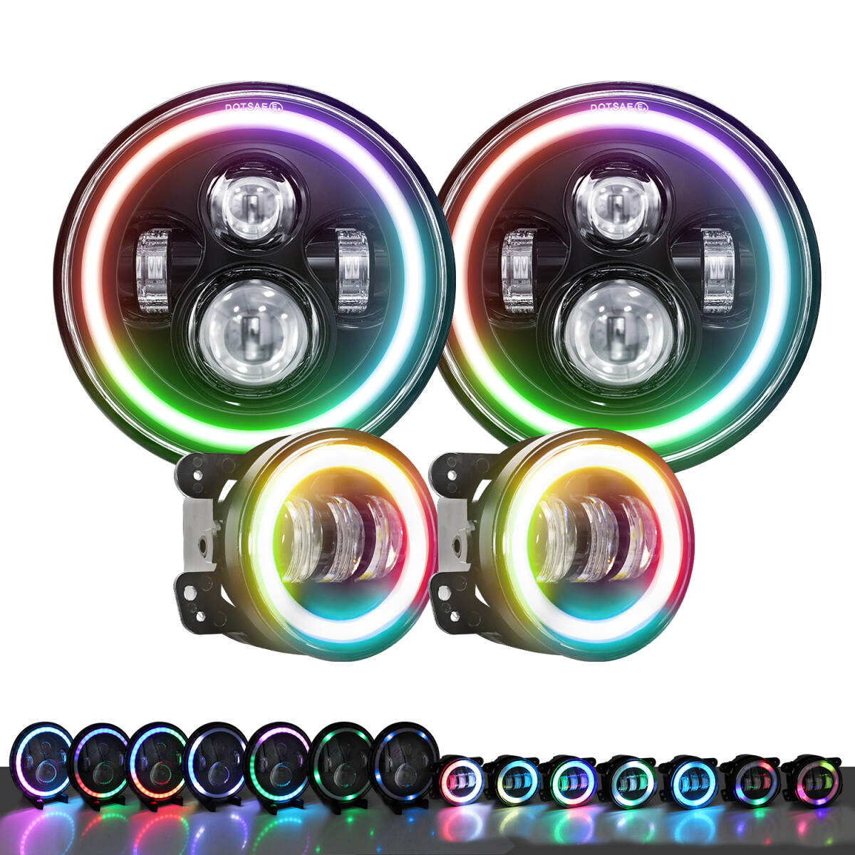 4個セット(RGB) 7インチLEDヘッドランプ+4インチLEDフォグランプ アセンブリ ジープ ラングラー JK TJ LJ CJ 1997-2018 ディライト付き拍卖