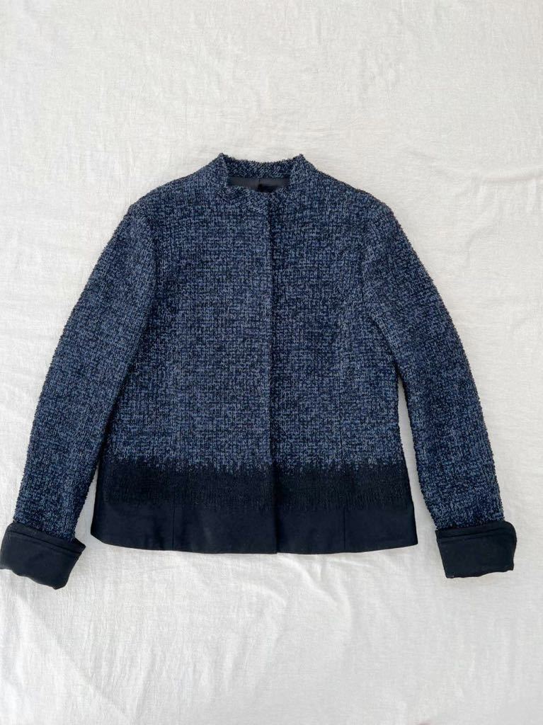 美品【GabardineK.T】ギャバジンKT ツイード 刺繍グラデーション スタンドカラージャケット ネイビー ノーカラージャケット拍卖