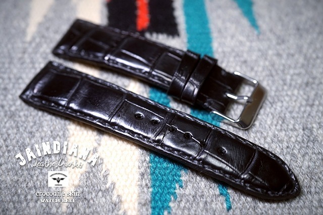 ハンドメイド クロコダイル 交換用ウォッチベルト ブラック ワニ革 腕時計バンド拍卖