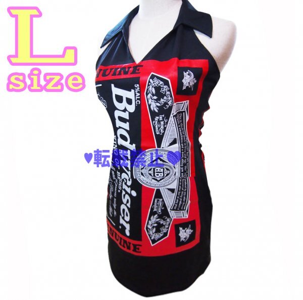 【高品質プリント 伸縮可能】バドワイザーバドガール襟付きワンピース 黒色 L ブラック コスプレ 新品未使用【送料無料】拍卖