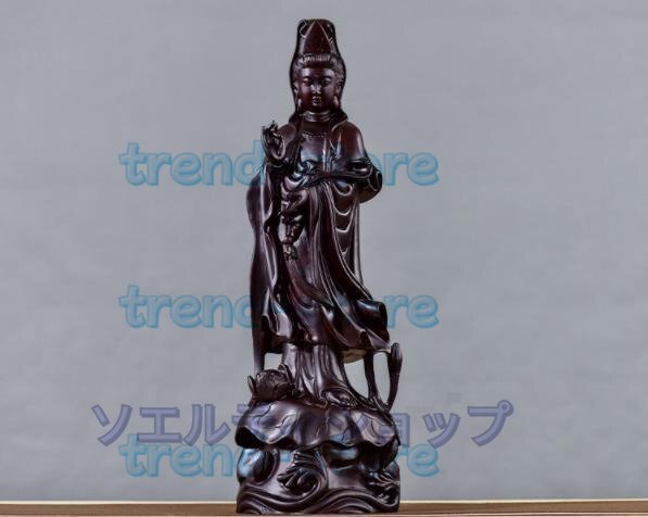 美品◆木彫仏像 仏教美術 伝統工芸品 精密細工 木彫り 黒檀木 観音菩薩像 仏像 置物 高さ30cm拍卖