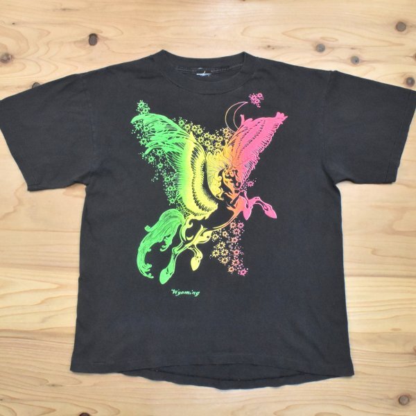 90sUSA古着 フェード ユニコーン グラデーション ビンテージ Tシャツ sizeL相当 相当 黒 ブラック 発泡プリント 90年代 アメリカ拍卖
