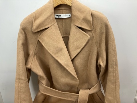 大き目サイズ ベルテッドコート オーバーサイズ ウール 軽量 XS表示 L相当 キャメル ZARA レディース★中古格安!拍卖