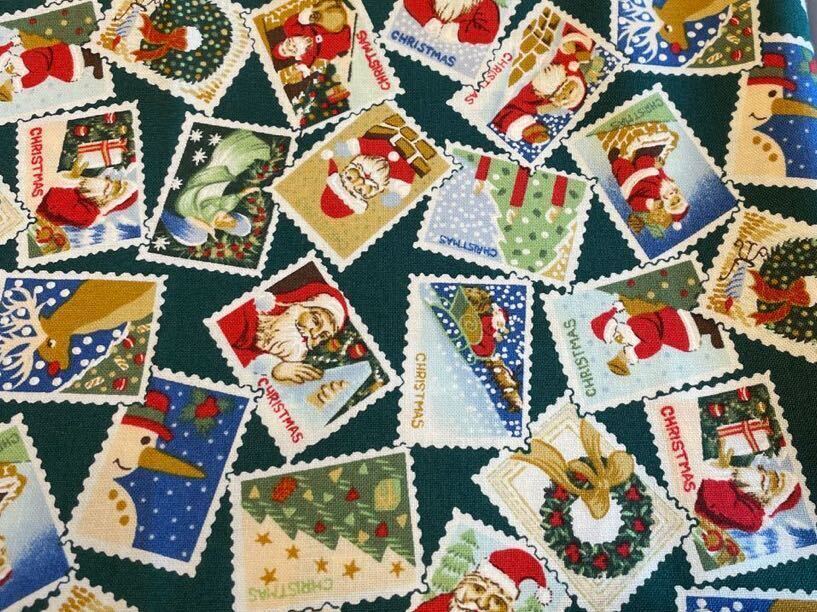【M30】クリスマス 生地はぎれ ロバートカフマン サンタクロース 切手 スノーマン パッチワーク クリスマスキルト グリーン拍卖