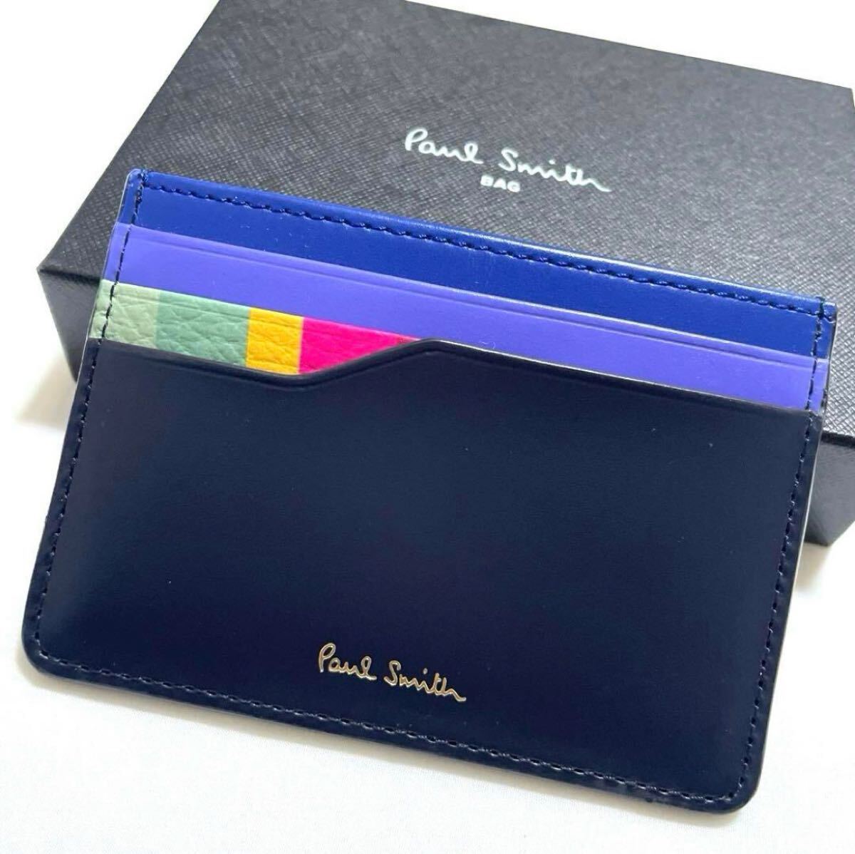 新品 【 ポールスミス Paul Smith 】本革 カードケース ポール スミス レザー 名刺入れ 定期入れ パスケース 薄型 ネイビー ブルー 未使用拍卖