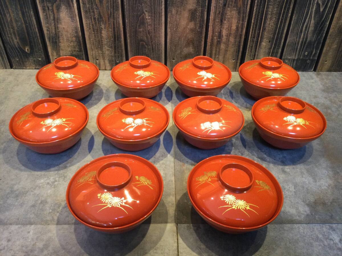 時代物 和食器 お椀 吸物椀 10客セット 菊 花柄 金彩 朱色 蔵出し品 料亭・旅館・割烹・小料理店・飲食店・業務用拍卖