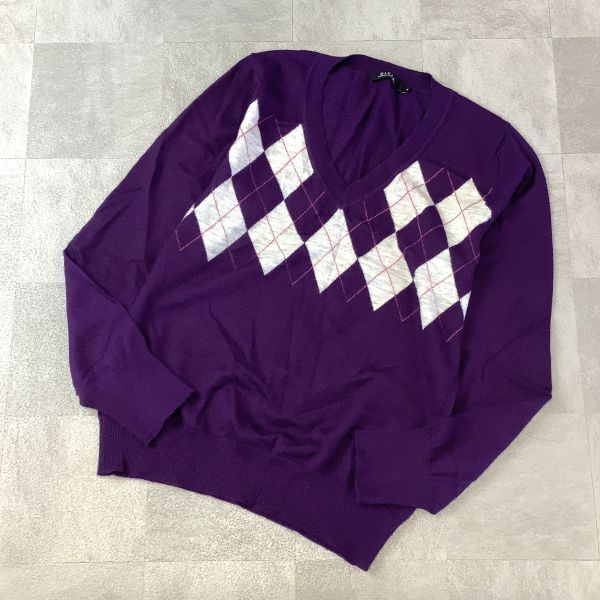 【高級感溢れるカシミヤ 100%】 良品 OLUXE アーガイル柄 カシミアニット セーター レディース Mサイズ パープル 滑らか着心地拍卖