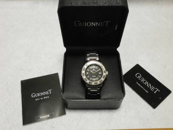 【美品】ギオネ GUIONNET オートマチック自動巻き カレンダー メンズ●ブラック文字盤拍卖