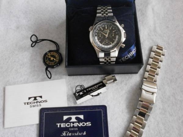 【ほぼ新品】テクノスTECHNOS ワールドタイム●新品・純正+新品・オマケベルト付 メンズ TGM 604SB ブラック文字盤拍卖
