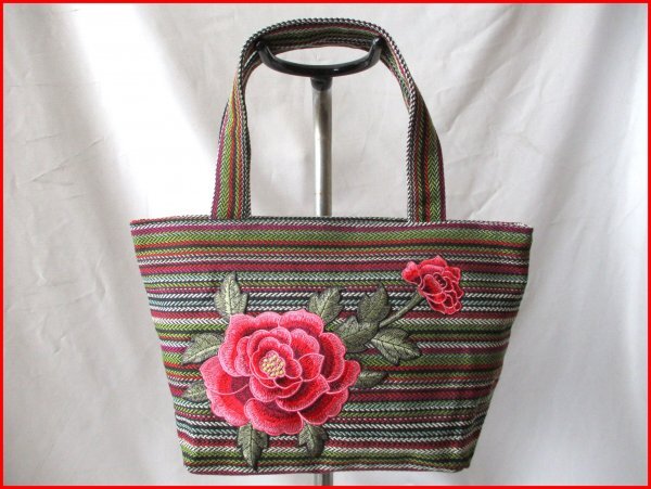 牡丹 刺ワッペン付◇ハンドバッグ コットン系生地 W35cm拍卖