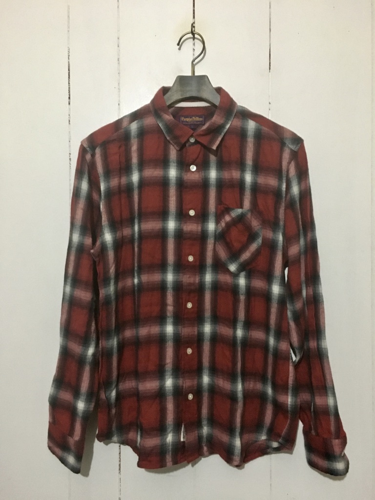 美品☆Purple&Yellow パープル&イエロー オンブレチェック 長袖シャツ ネルシャツ L 赤白黒 ライトネル 拍卖