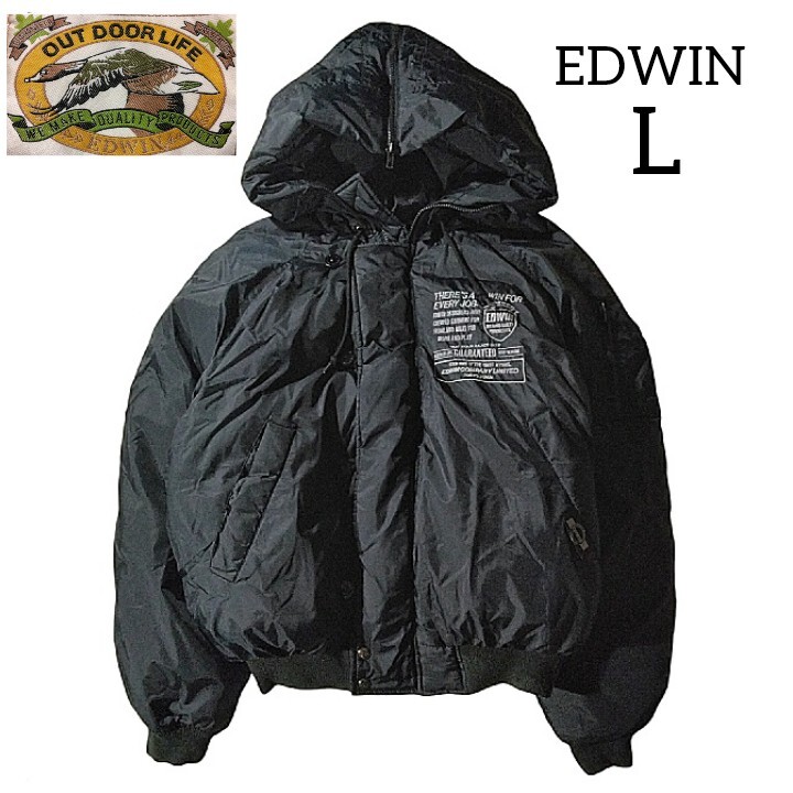 【EDWIN OUTDOOR LIFE】 エドウィン ダウンジャケット アウター L 黒 ブラック 肉厚 フード 刺繍 ラグラン ジップアップ レトロ 90s メンズ拍卖