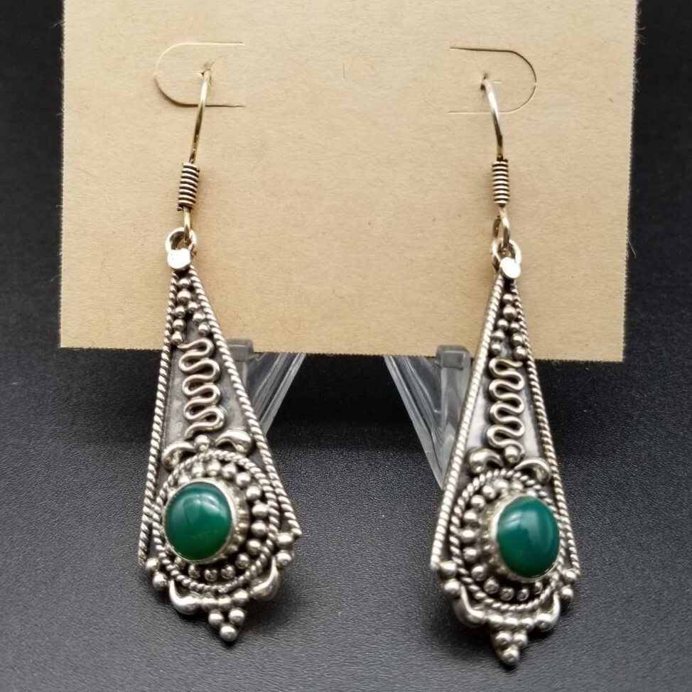 グリーンガラス ドット ウェーブ装飾 925 シルバー ヴィンテージ ロング ピアス チャーム 銀細工 エスニック調 大ぶり 存在感YMT拍卖