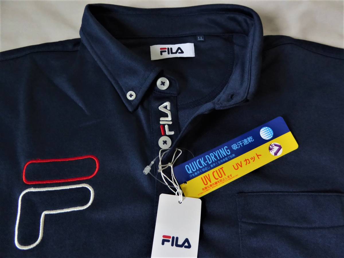 FILA GOLF フィラ ゴルフ 吸汗速乾 UVカット ストレッチ ボタンダウン長袖ポロシャツ LL 紺 ①拍卖