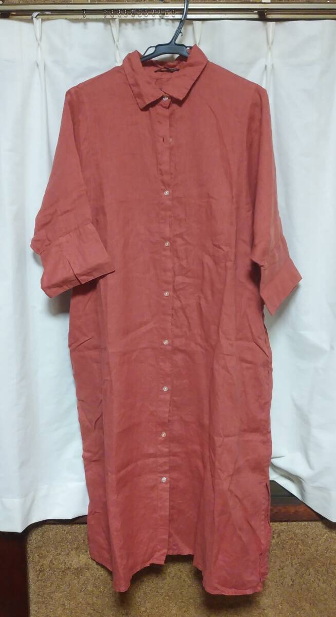 スタジオクリップ  studio CLIP リネン  七分袖 シャツワンピース オレンジ系拍卖