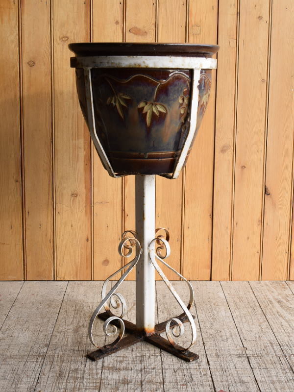 イギリス アンティーク アイアンプラントポットホルダー+植木鉢 8902拍卖