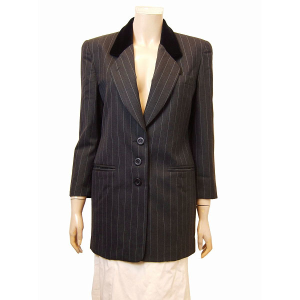 新品同様★ドンナエレ*DONNAerre*イタリア製*グレー系*ウール&ベロア*ピンストライプ*ロングジャケット*38.Mサイズ.9号拍卖