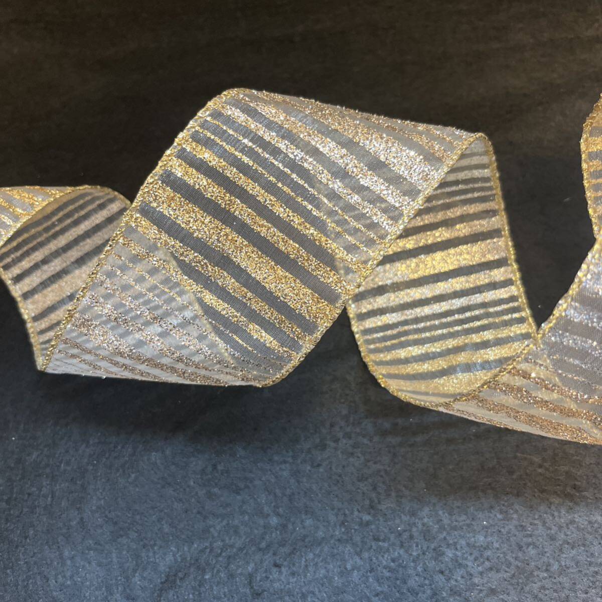 【新作】リボン切り売り 3m 約6.3cm幅 3色ボーダー メタリックゴールド・ゴールド・シルバー拍卖