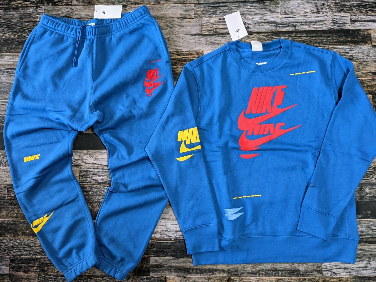最後 L ナイキ 全面ロゴ フリース クルー ジョガーパンツ 上下セット 検 刺繍 裏起毛 スウッシュ スウェット トレーナー 青/ブルー拍卖