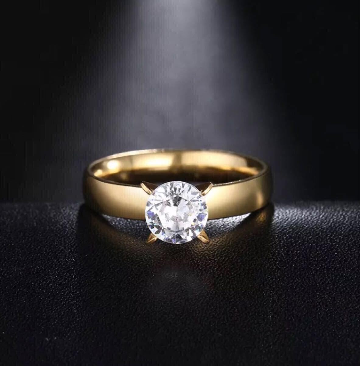 新品 13.5号 ステンレス製 大粒 AAA CZ ダイアモンドリング ゴールド 18KGP ダイヤモンド ダイヤ プレゼント 特価 ゴールドリング 送料無料拍卖