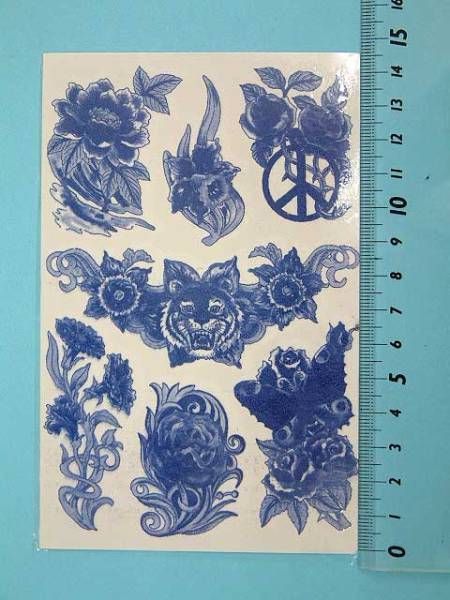 //◆ TATTOO シール タトゥー 入墨 刺青 ステッカー 虎 タイガー 花 薔薇 ばら 青色 ◆拍卖