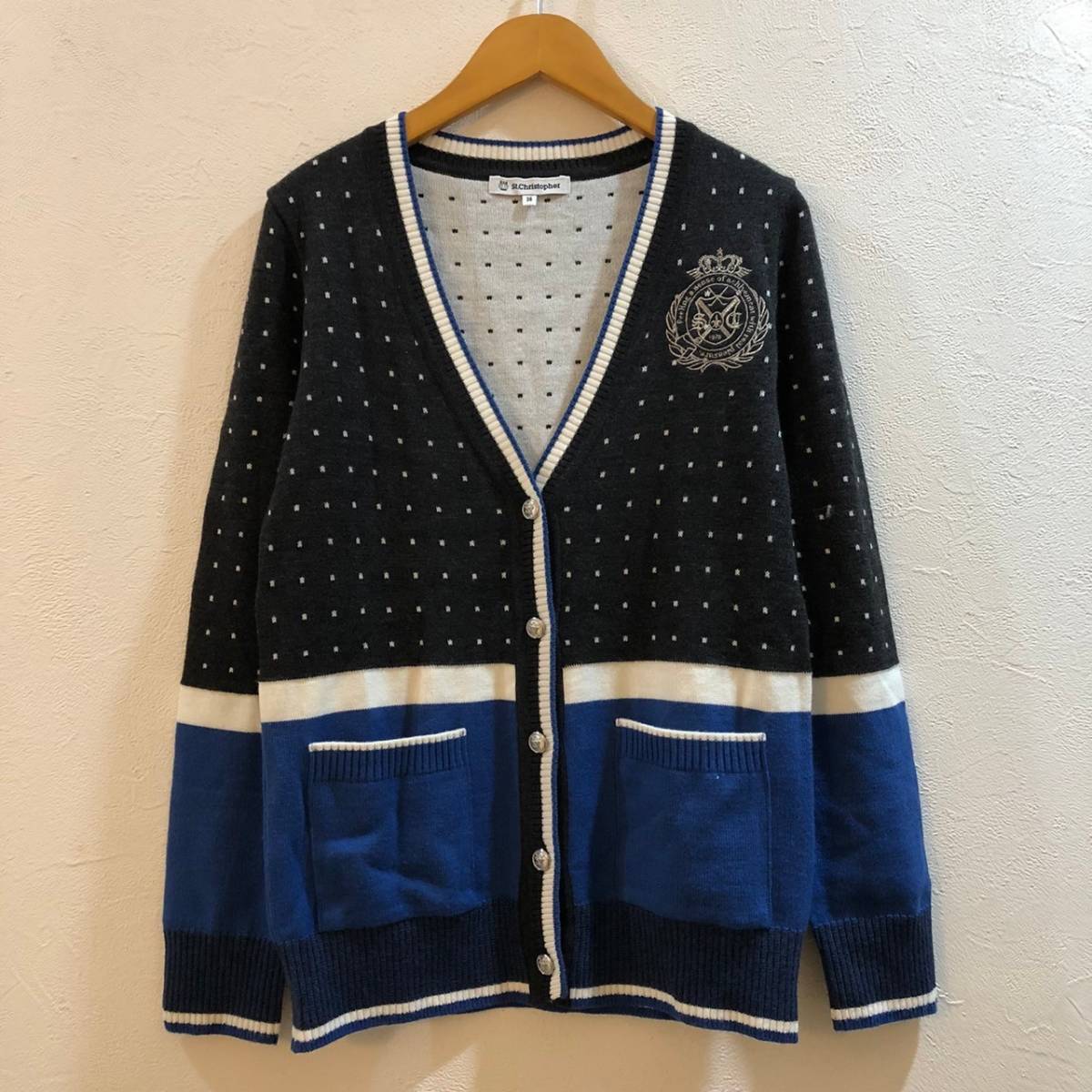 st.Christopher/ 長袖 水玉カーディガン グレー ブルー レディース 38拍卖