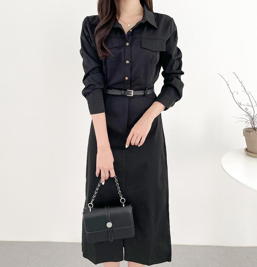 2024春季/ワンピース 長袖 きれいめ ロングワンピース ベルト付き ロング丈 着痩せ 入学式 卒業式 入園式 通勤ワンピース/ ブラック拍卖