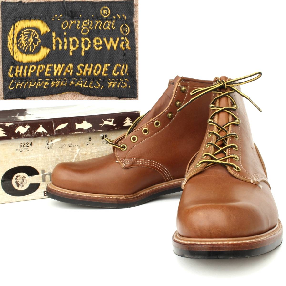 (99062)Deadstock 60-70s刺繍黒タグChippewaチペワ9EEE 約27cm (ブーツ茶ブラウン60年代70年代ヴィンテージUSA6224未使用デッドストック)拍卖