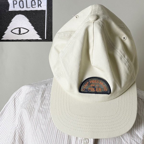 ★【希少 国内正規品 デザイン◎】POLER CAMP VIBES ポーラー キャンプ バイブス 6パネル キャップ 帽子 フリーサイズ USED アイボリー系拍卖