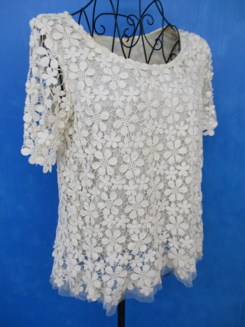 【お買得】★Cara/カーラ★半袖デザインカットソー 白系/花柄刺繍 サイズSC拍卖