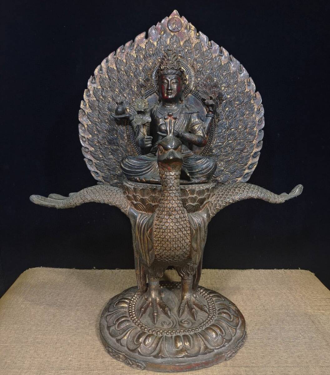 旧蔵 清 銅胎泥金 朱砂仏 【孔雀明王】 仏像 奉納されていた 供養品 極細工 古美術 古美味 212-27拍卖