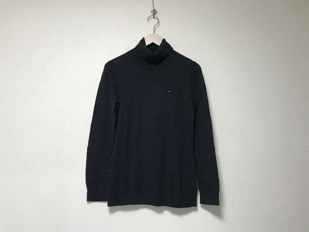 本物トミーヒルフィガーTOMMYHILFIGERタイトコットンカシミヤタートルネックロゴ刺繍ニット長袖セーターメンズレディースビジネス黒XS拍卖
