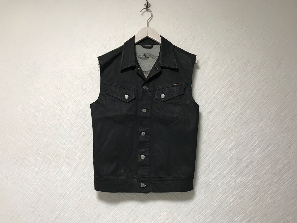 本物ヌーディージーンズNudieJeansコットンストレッチコーティングデニムベストジレメンズサーフアメカジミリタリー黒ブラックイタリア製S拍卖