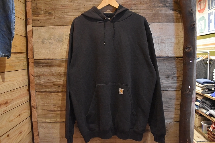 グッドスタイル◎carharttカーハートロゴプリントスウェットパーカー黒ブラックLアメカジアウトドアストリート無地ビッグサイズt196拍卖