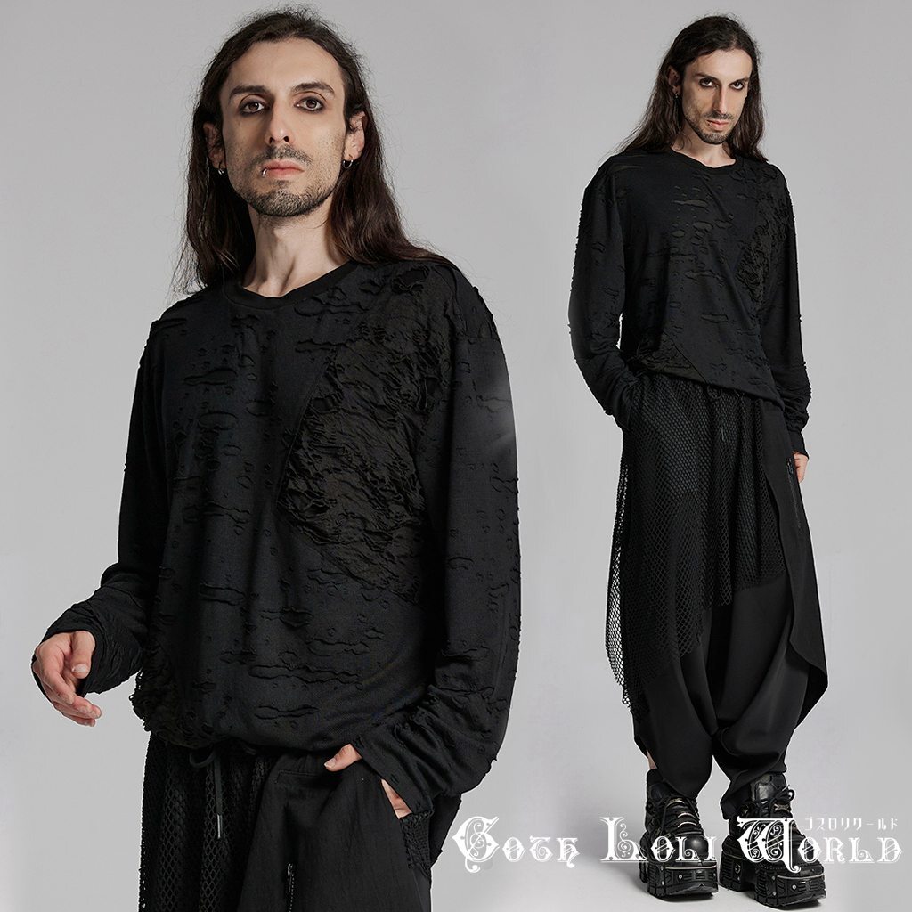 WT-929TCM-BK-2XL-3XL シアーホローアウトドロップショルダー長袖 カットソー メンズ ゴスロリワールド ゴシック パンク ロック V系拍卖