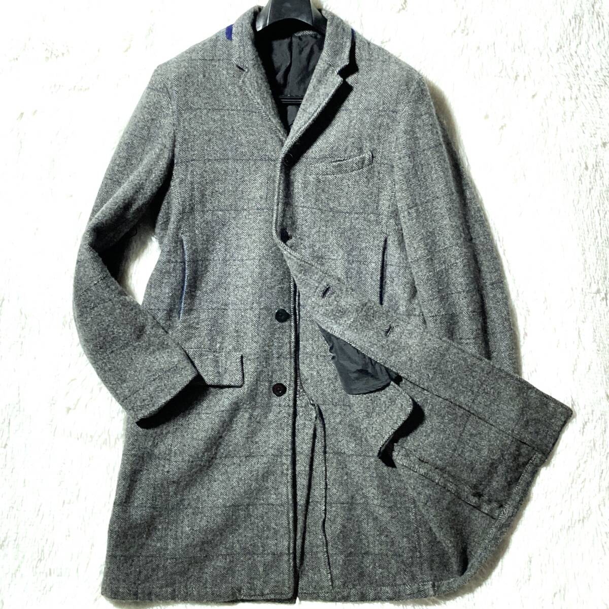 WIZZARD★名作アーカイブ★ヘリンボーン×ウィンドウペン 縮絨ツイード チェスターコート チェック 灰 1 メンズL位 ウィザード 定価74800円拍卖