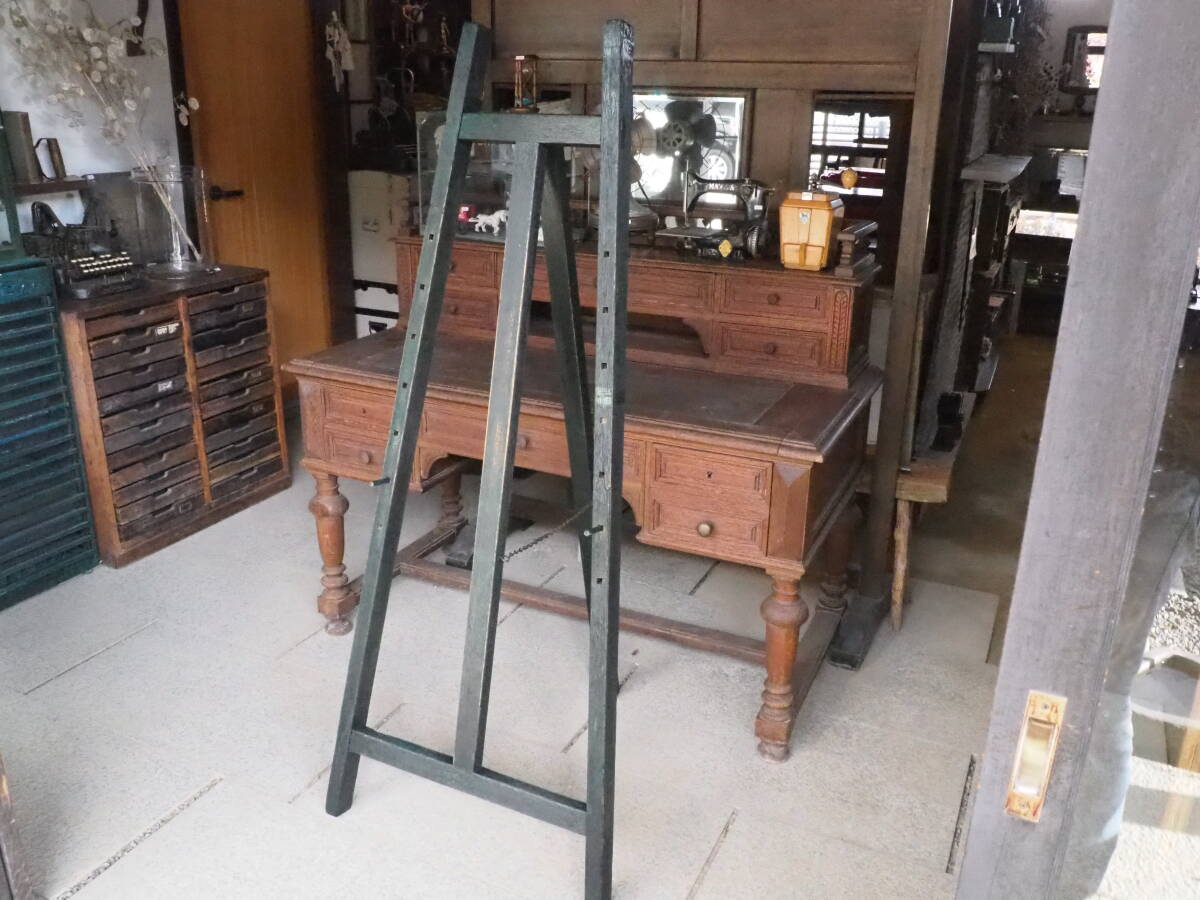 【昭和レトロなダークグリーンの木製イーゼル】折り畳み式古道具アンティーク骨董インテリア額縁インダストリアル看板メニューボード拍卖