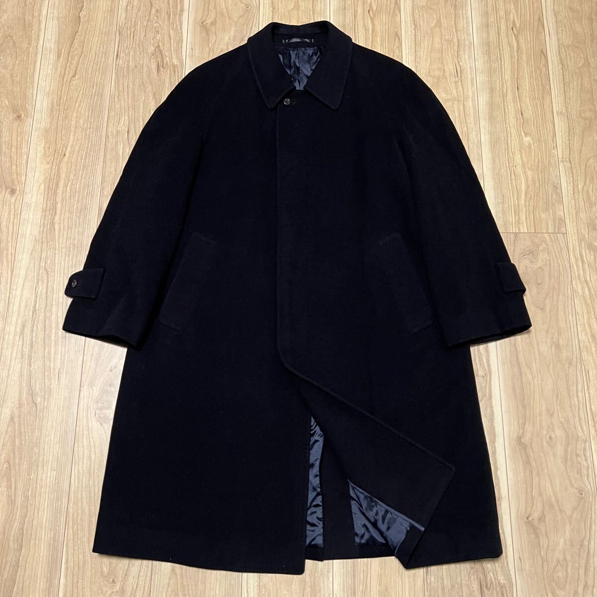 ★カシミア100%★最高級 DAKS ダックス 長袖 カシミヤ ステンカラーコート 黒 ブラック メンズ ロングコート サイズL R-6979拍卖