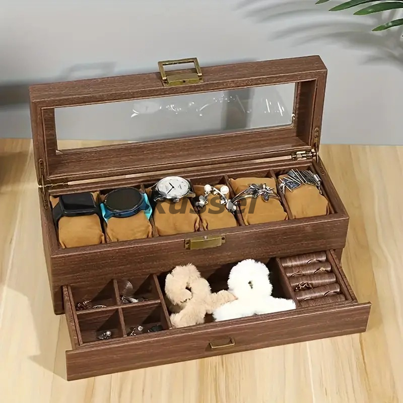 収納ボックス 腕時計 ジュエリーケース 引き出し 付き 窓付 6スロッ ブラウン ナチュラル お洒落 木目 アンティーク調 インテリア 4-7拍卖