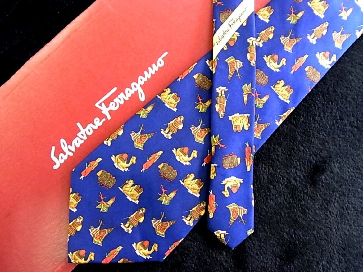 ♪今週の特売980円~♪2227♪状態並品【FERRAGAMO】フェラガモ【人 ラクダ 動物 柄】ネクタイ♪拍卖