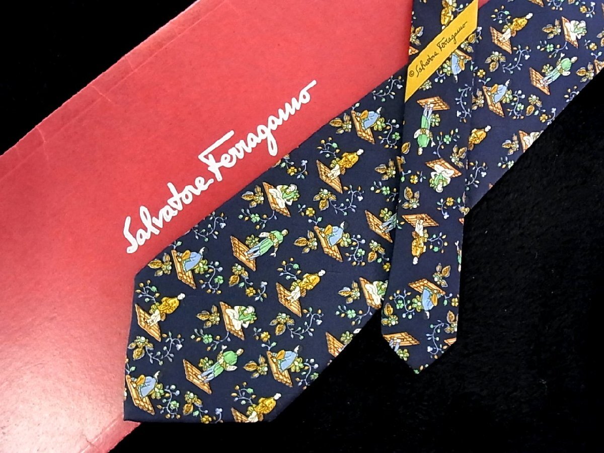 ♪今週の特売980円~♪3499♪良品【FERRAGAMO】フェラガモ【人 魚 フィッシュ 花 植物 柄】ネクタイ♪拍卖