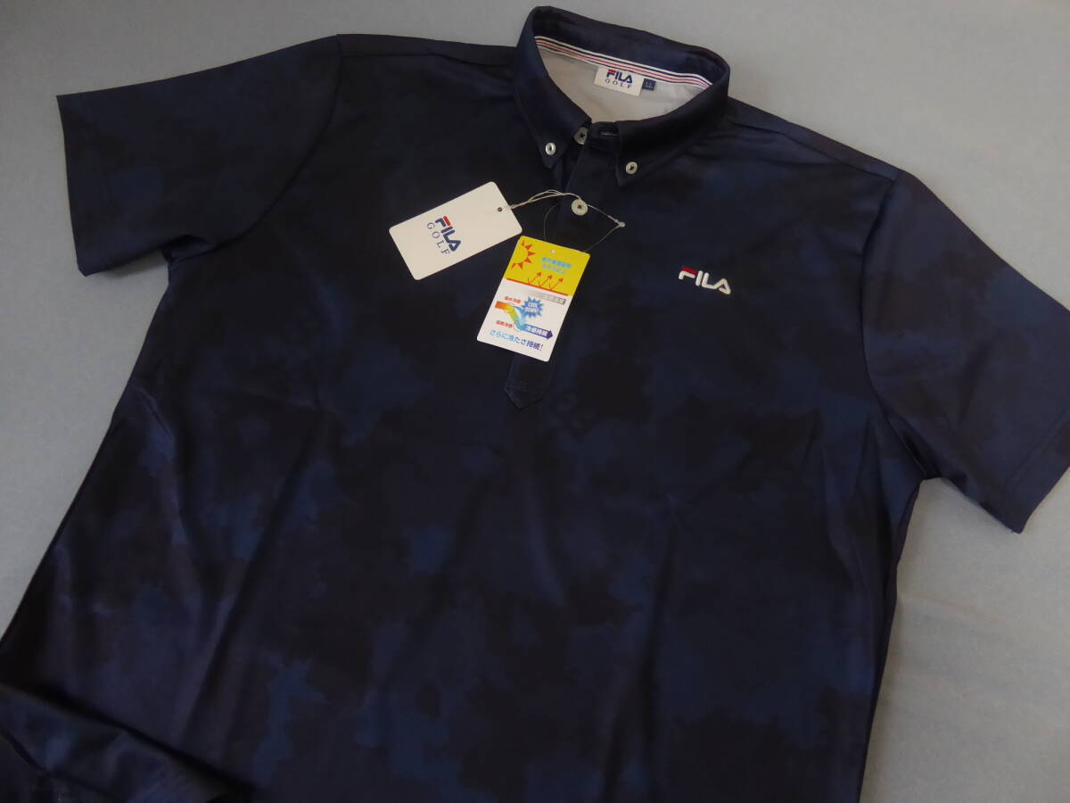 FILA GOLF フィラ ゴルフ UV対策 吸水冷感&保湿冷感 ストレッチ 迷彩柄 ボタンダウン半袖ポロシャツ LL 紺拍卖