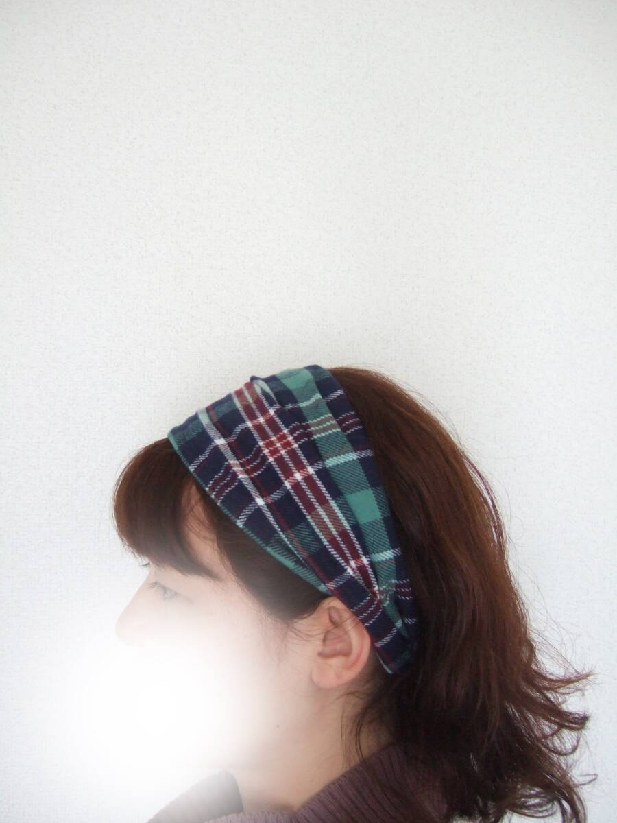 ★即決★ハンドメイド 秋冬 綿起毛チェックグリーン コットンのゆるターバン**ヘアバンド 家事のスイッチターバンにも拍卖
