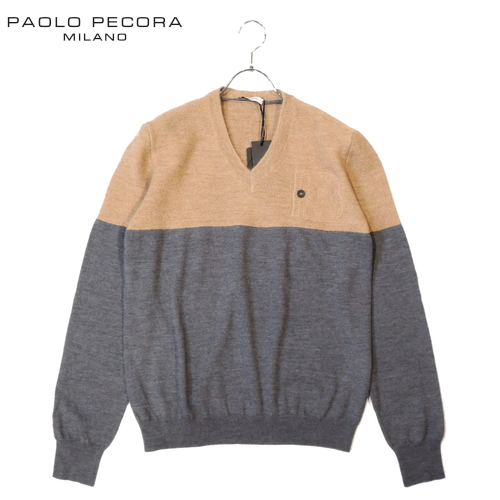 【60%OFF・新品・M】PAOLO PECORA(パオロ ペコラ)ウールアルパカ バイカラーVネックニット グレー×ベージュ 0C1M-A144拍卖