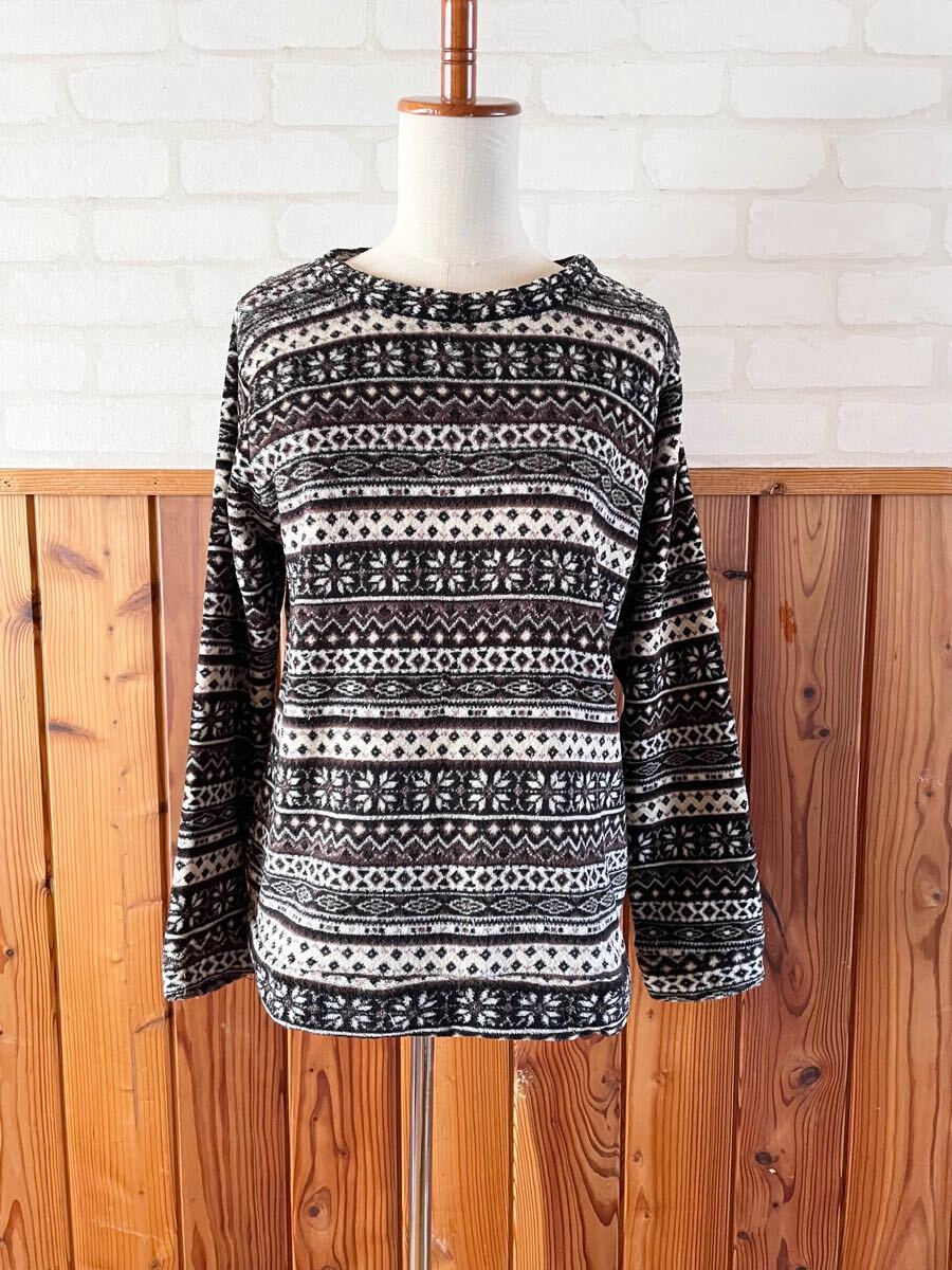 ANSEL レディース フリース トップス M-Lサイズ 長袖 ノルディック柄 秋冬物 カットソー 防寒着 もこもこ 暖かい 黒 茶 白 ②拍卖